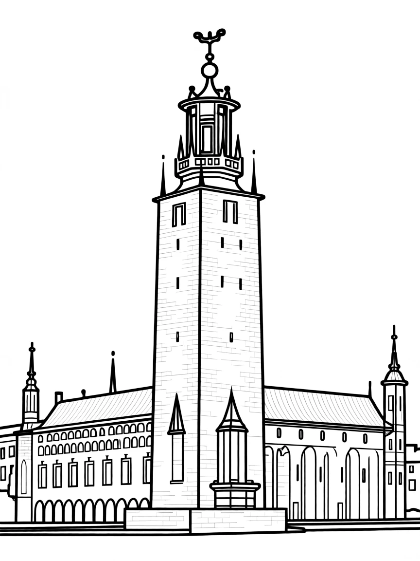 Stockholm City Hall with its distinctive three golden crowns on top, simple line art style