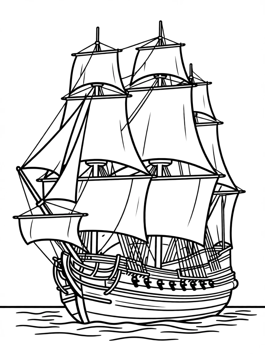 Vasa Museum ship with detailed masts and sails, kid-friendly outline drawing