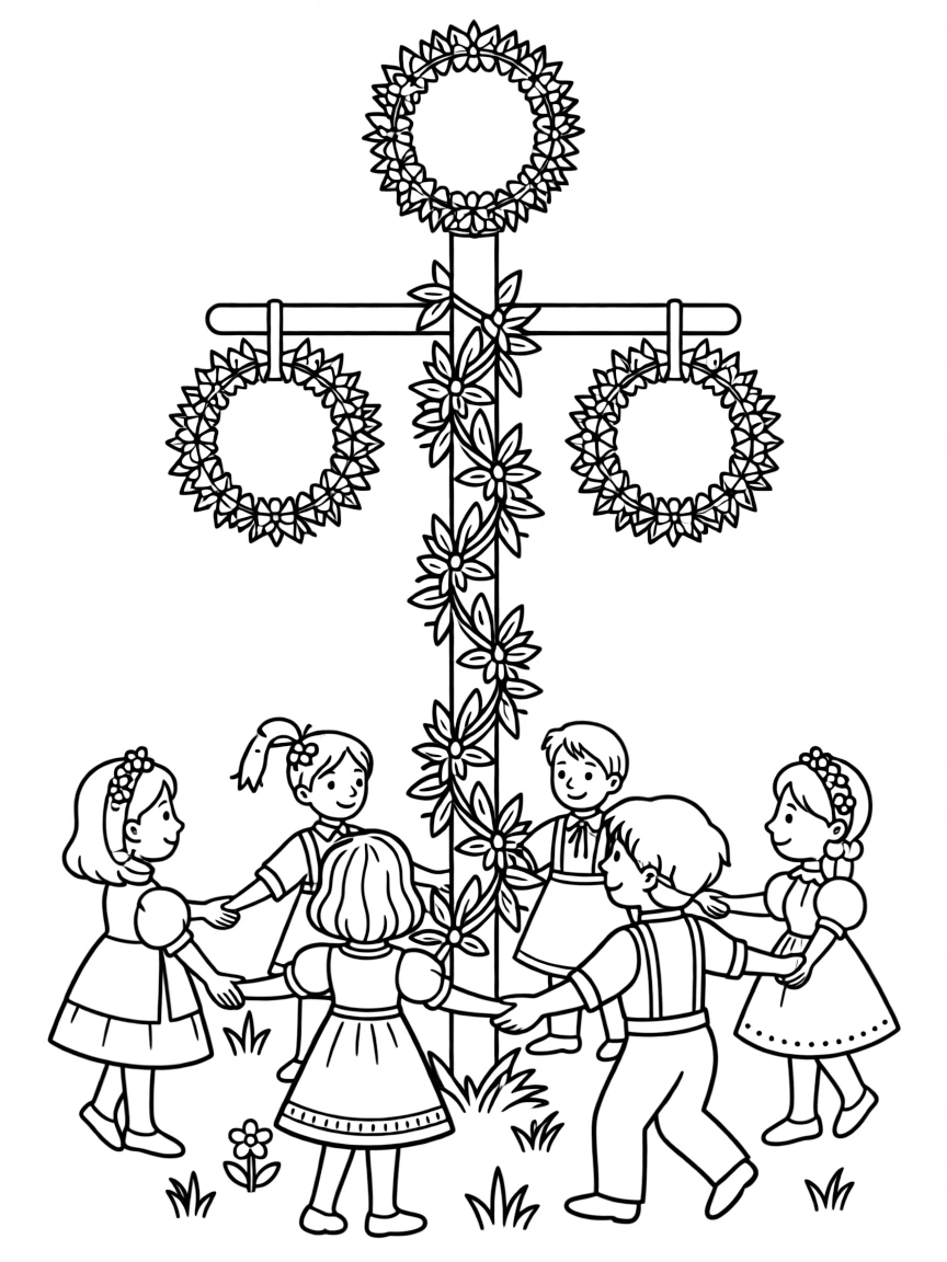 Maypole (Midsommarstång) decorated with flowers and greenery