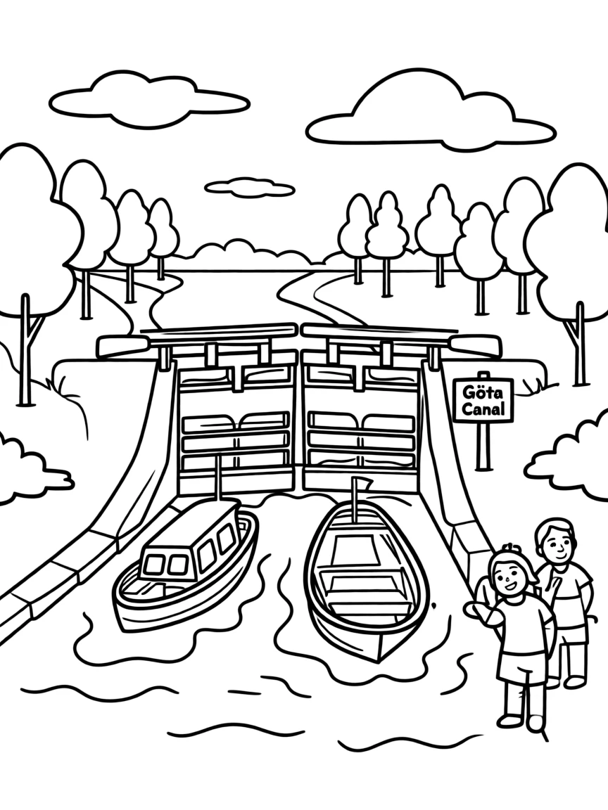 Göta Canal with locks and boats passing through