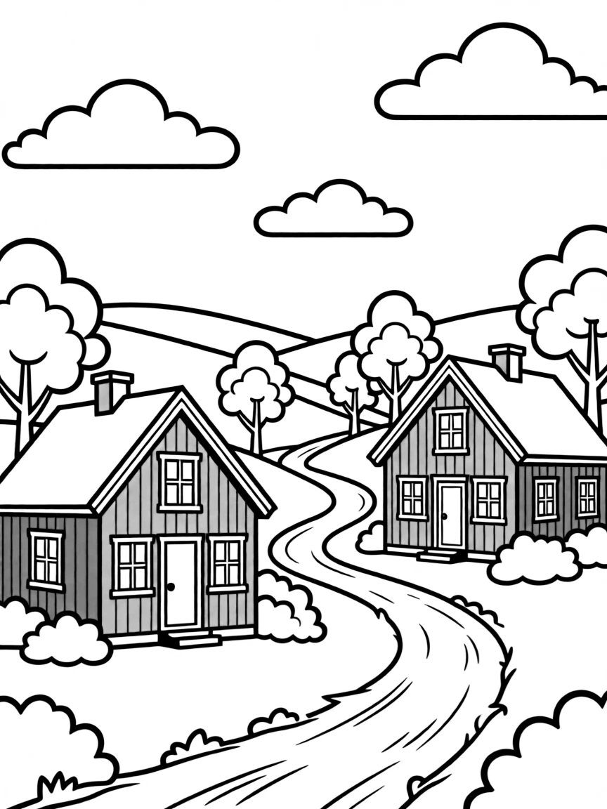 Swedish countryside with red wooden houses and white trim