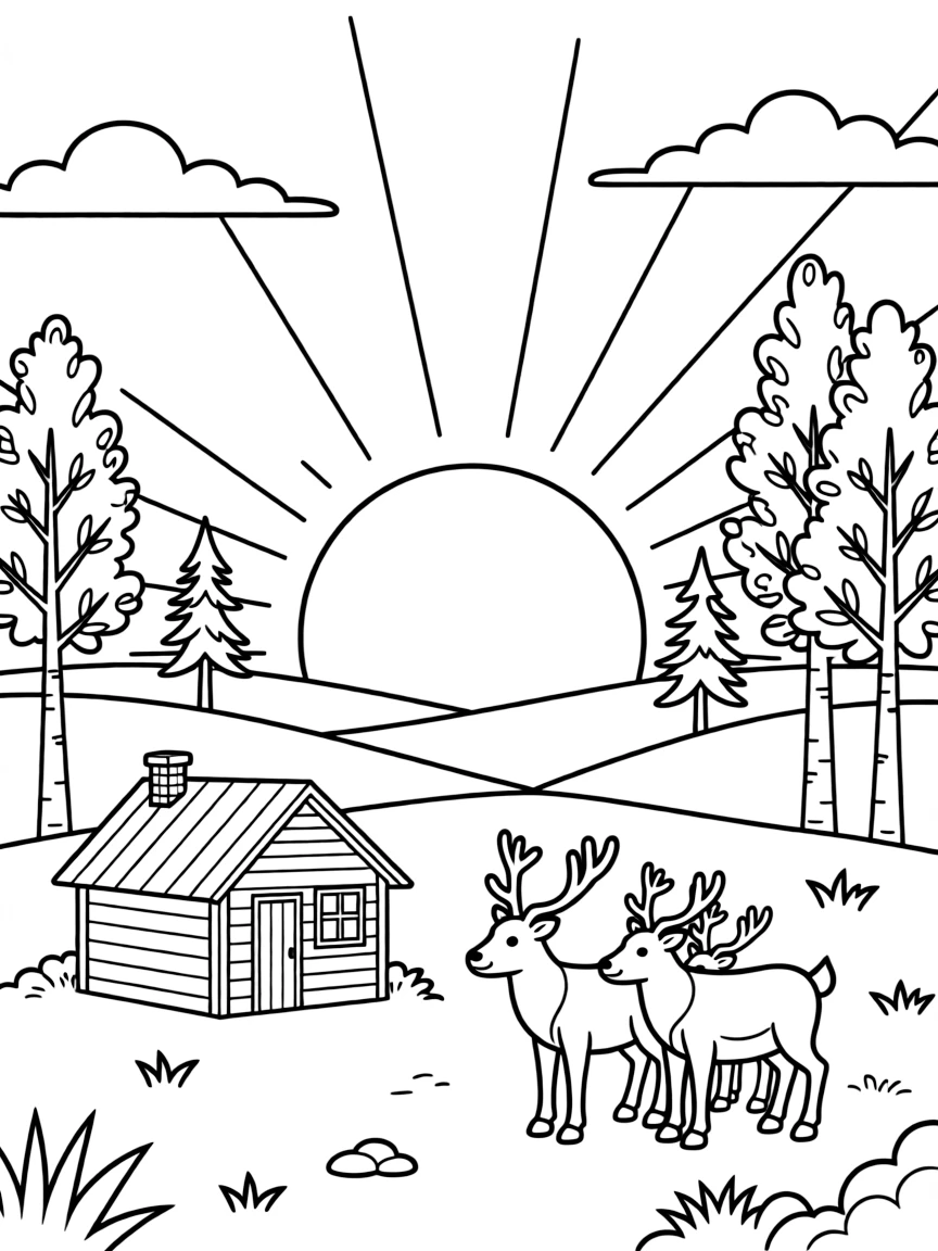 Midnight sun over Lapland landscape