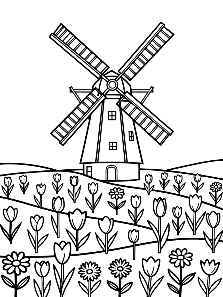 Traditional Swedish windmill in a field of flowers