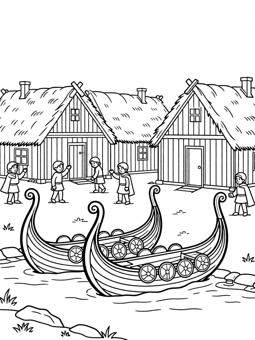 Birka Viking settlement with longhouses and ships