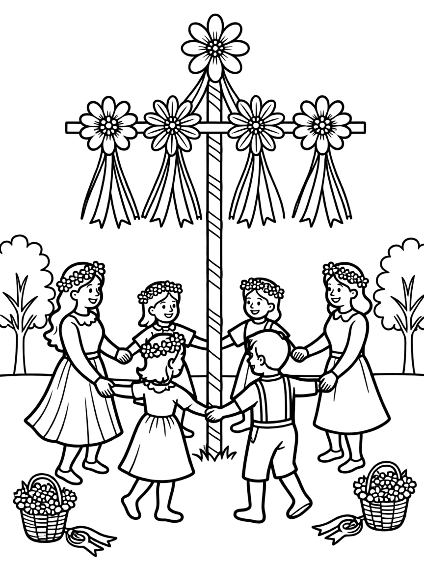 Swedish midsummer celebration with people dancing around maypole