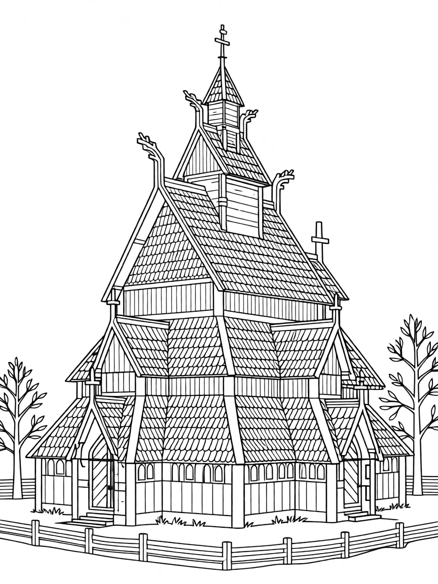 Traditional Swedish stave church with wooden construction