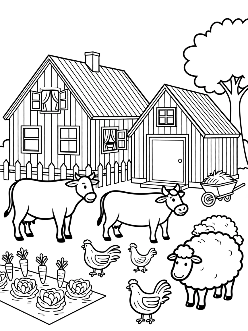 Traditional Swedish farmhouse with barn and animals