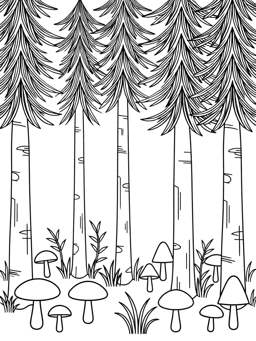 Swedish forest with tall pine trees and mushrooms