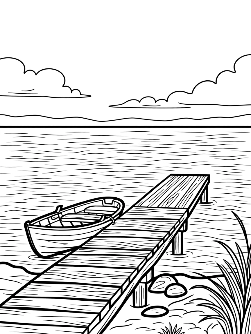 Swedish lake with traditional wooden pier and rowboat