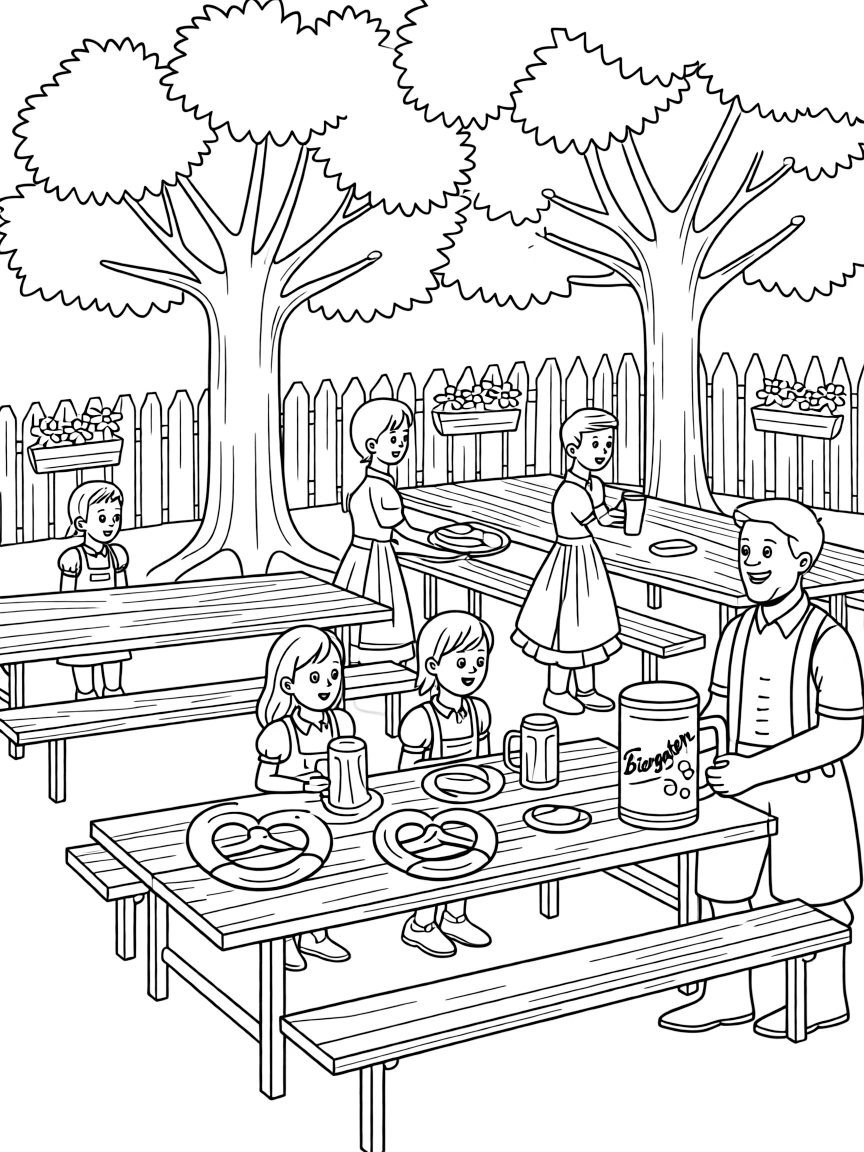 (Germany) Traditional beer garden scene with long wooden tables