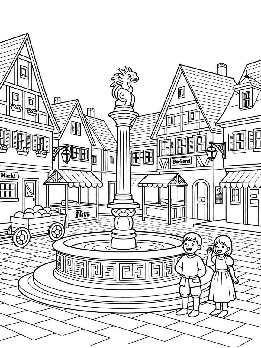 (Germany) Medieval German town square with fountain