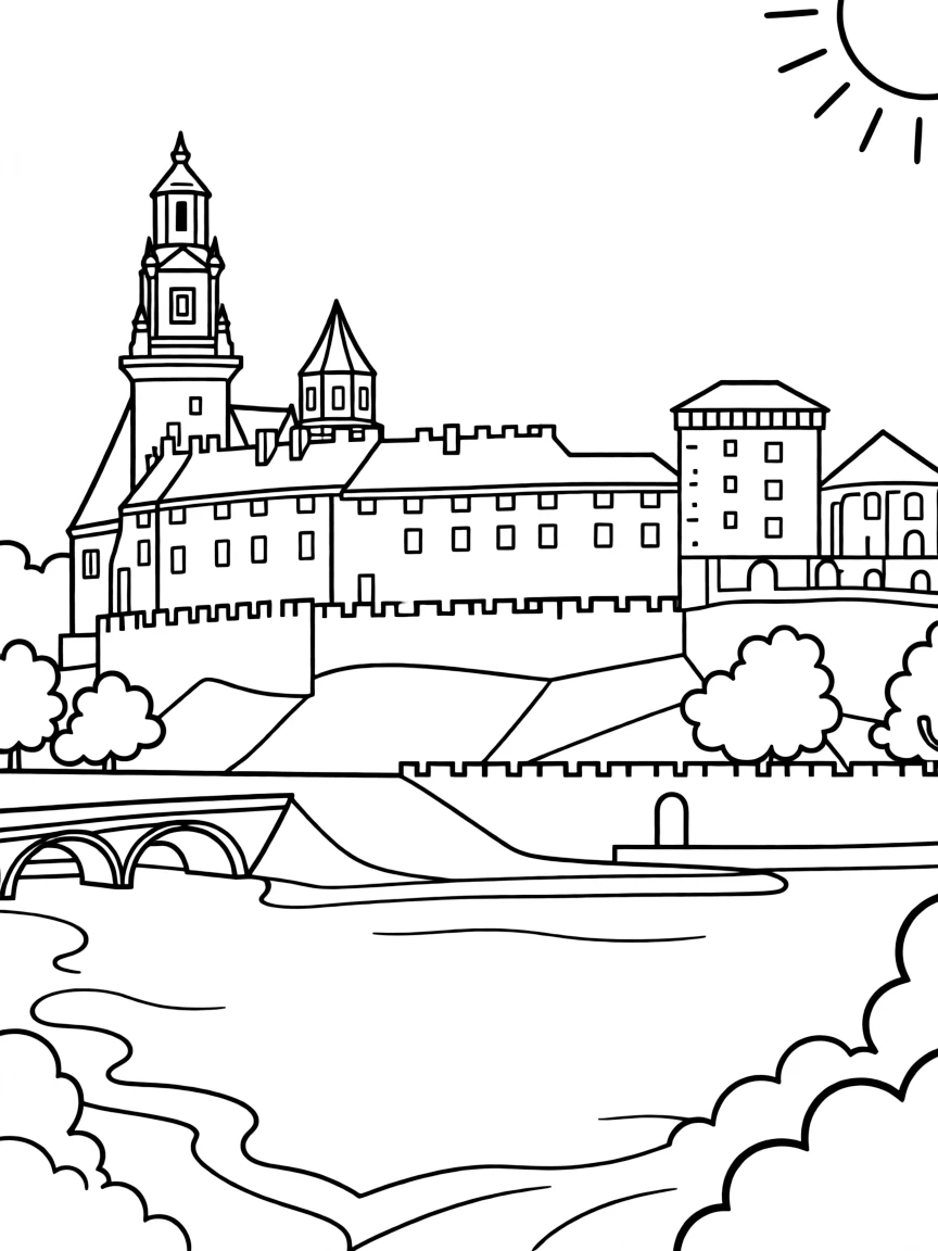 (Poland) Wawel Castle in Krakow with its distinctive towers and ramparts, simple line art suitable for children
