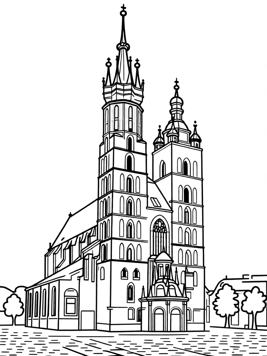 (Poland) St. (Poland) Mary's Basilica in Krakow's Main Market Square with its two asymmetrical towers