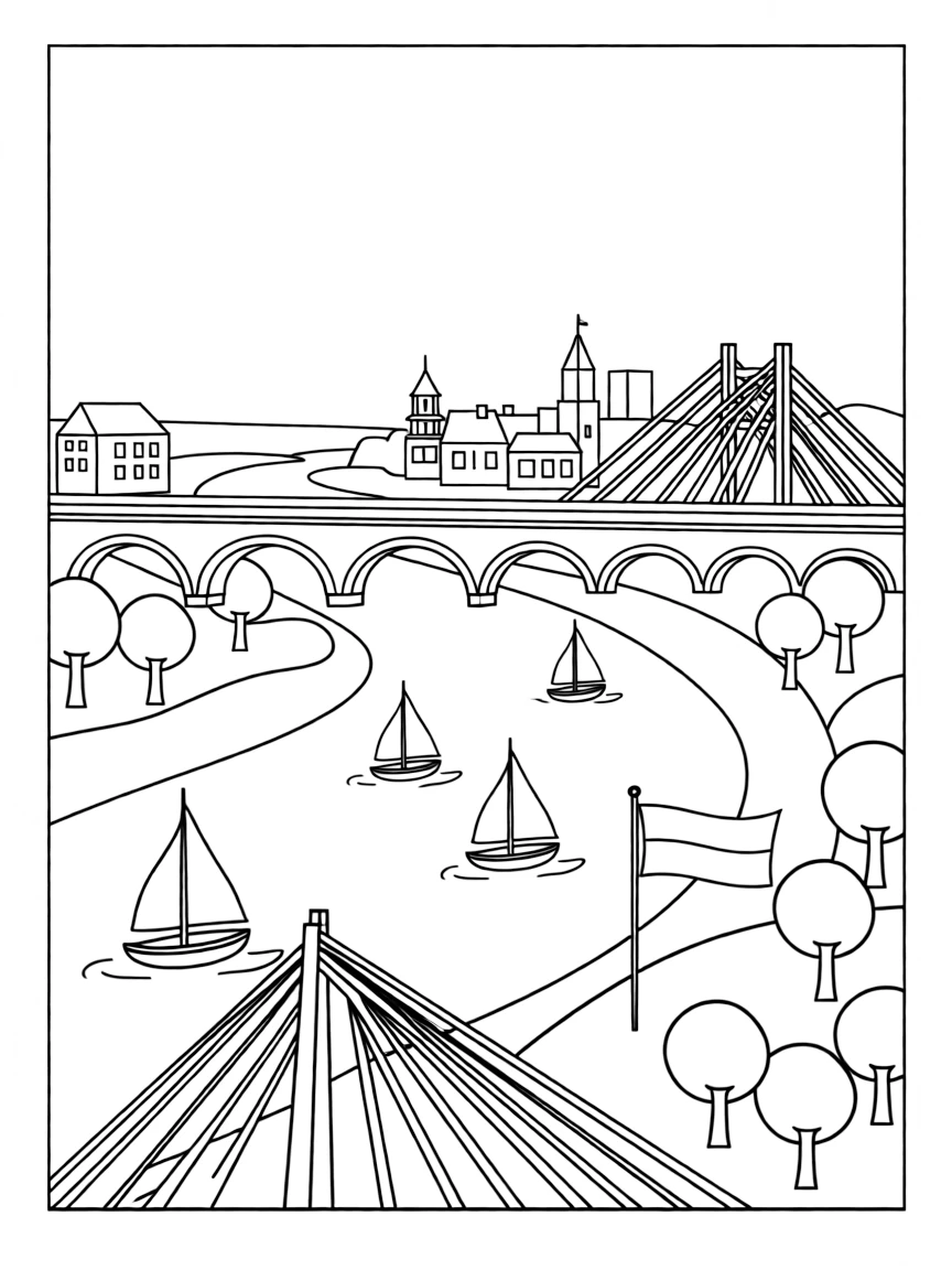 (Poland) The Vistula River flowing through Warsaw with boats and bridges
