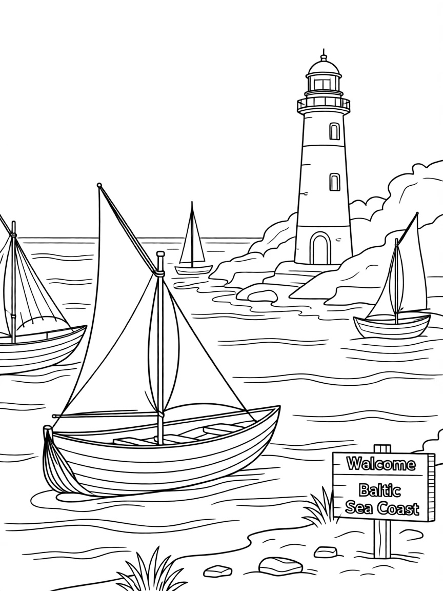 (Poland) Baltic Sea coastline with traditional fishing boats and lighthouses