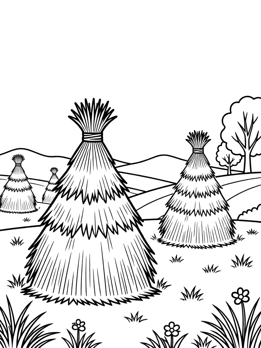(Poland) Traditional Polish hay stacks in countryside fields