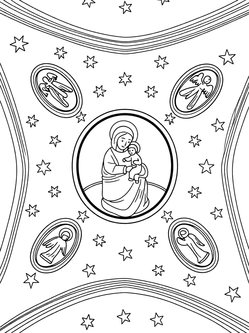 (Poland) The painted ceiling of St. (Poland) Mary's Church showing stars and religious scenes