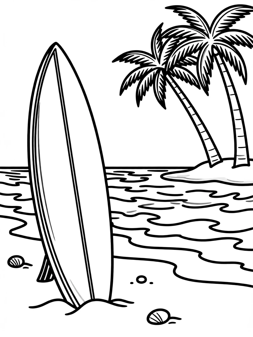 (Hawaii) A surfboard on the sand.