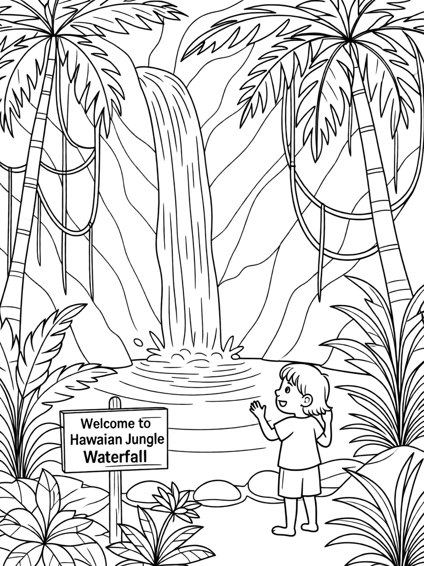 (Hawaii) A waterfall in a jungle.