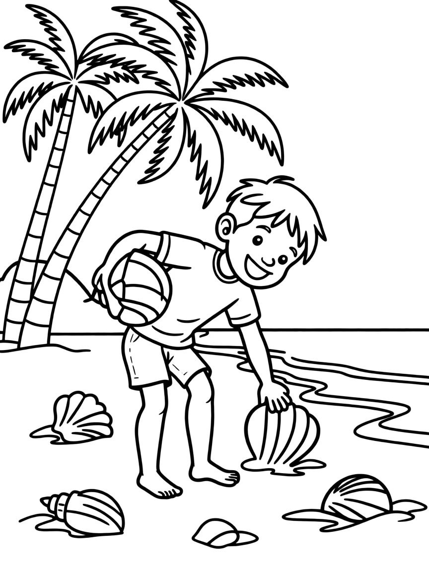 (Hawaii) A happy child collecting shells.