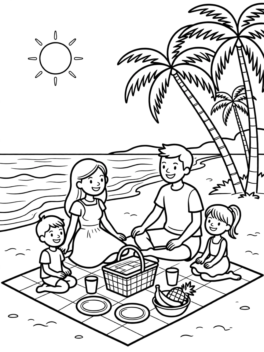 (Hawaii) A happy family having a picnic on the beach.