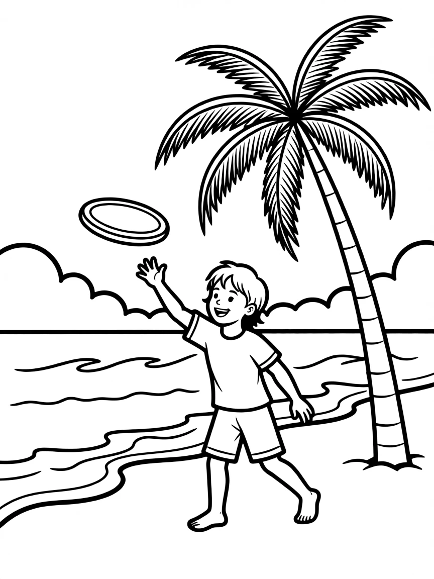 (Hawaii) A child playing with a frisbee on the beach.