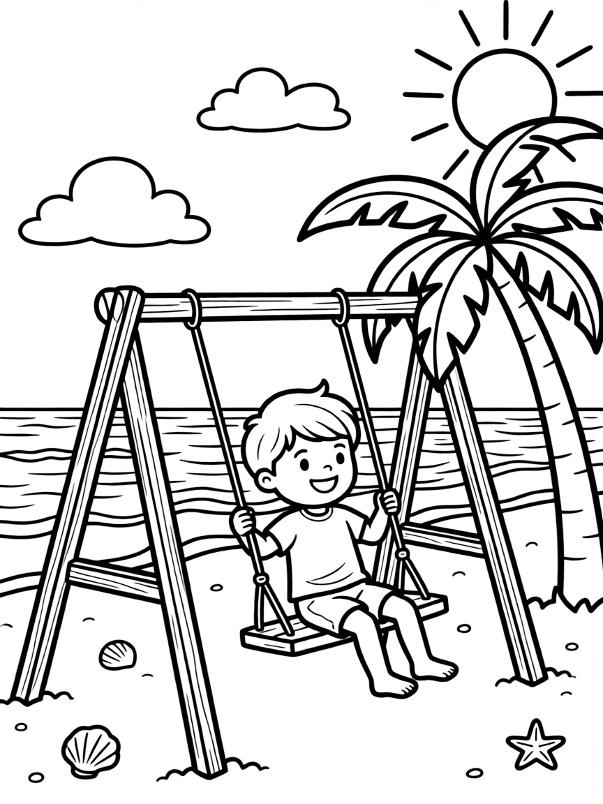(Hawaii) A happy child on a swing set near the beach.