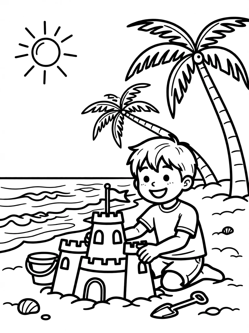 (Hawaii) A happy child building a sandcastle.