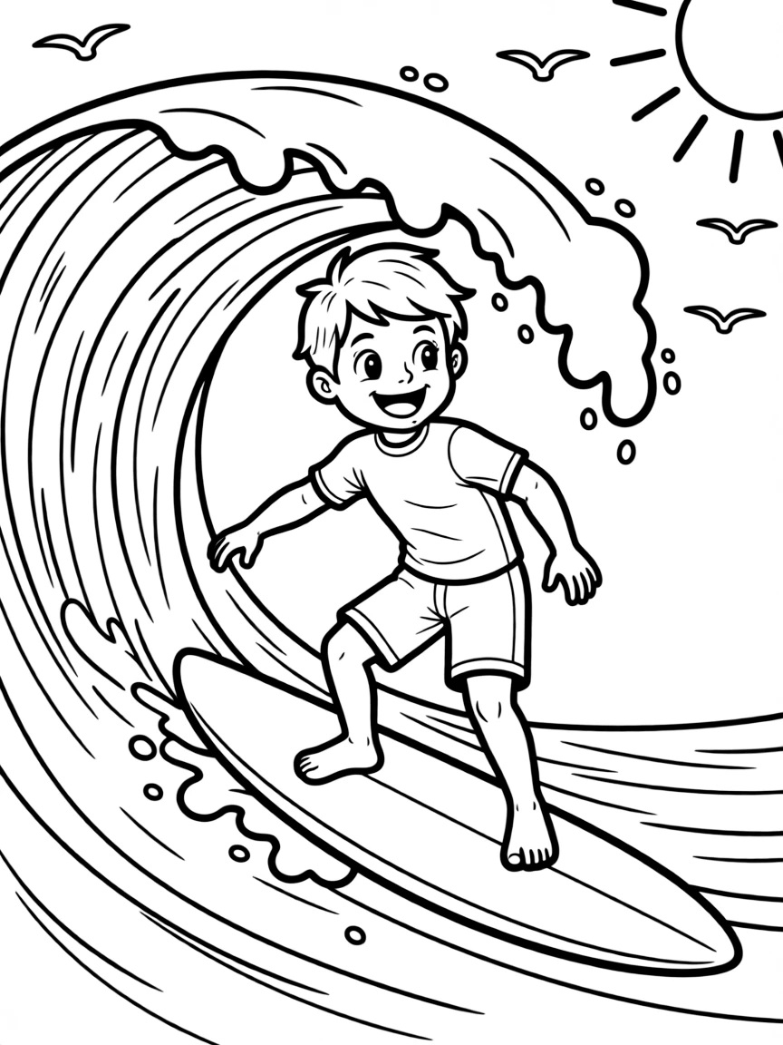 (Hawaii) A happy boy surfing.