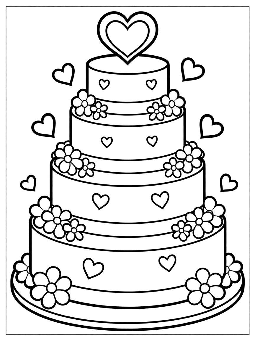 A big wedding cake with flowers and hearts