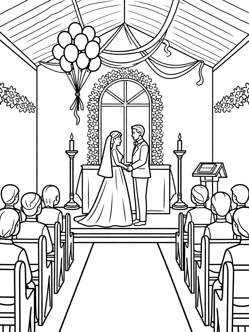 A wedding ceremony in a church with decorations