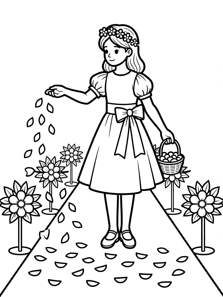 A flower girl scattering petals down the aisle