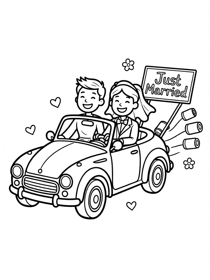 A couple riding in a "Just Married" car