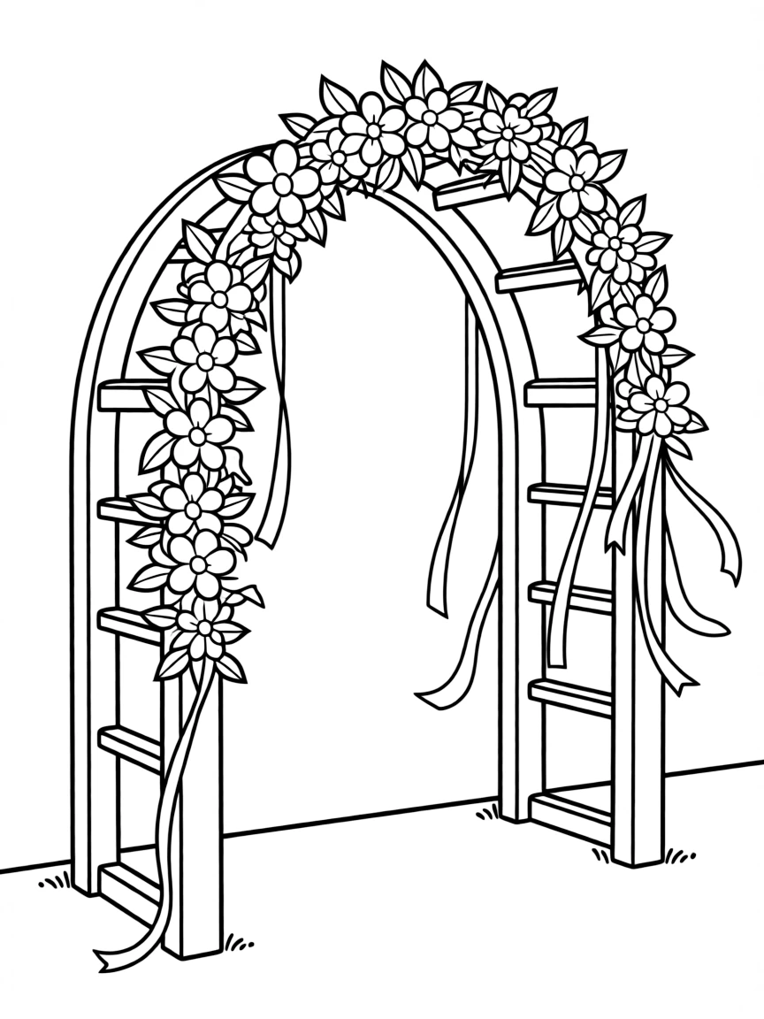 A wedding arch with flowers and ribbons