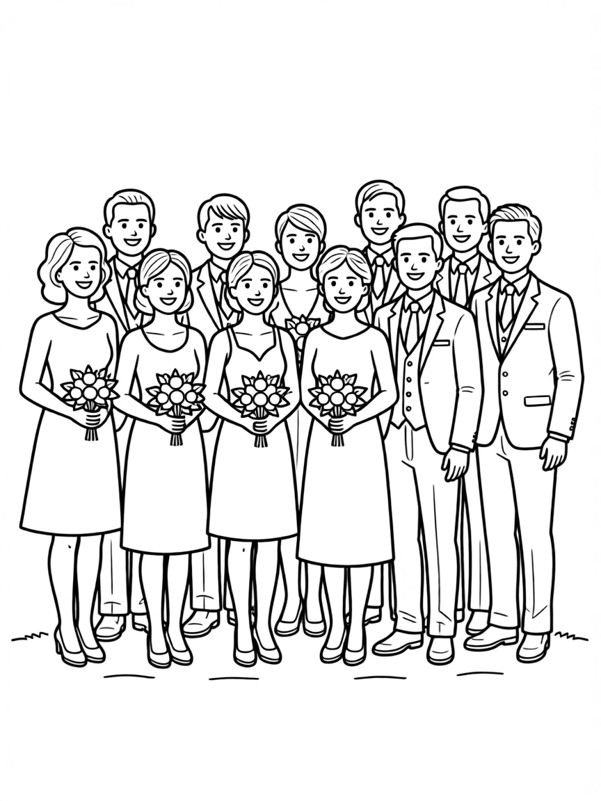 A wedding party with bridesmaids and groomsmen