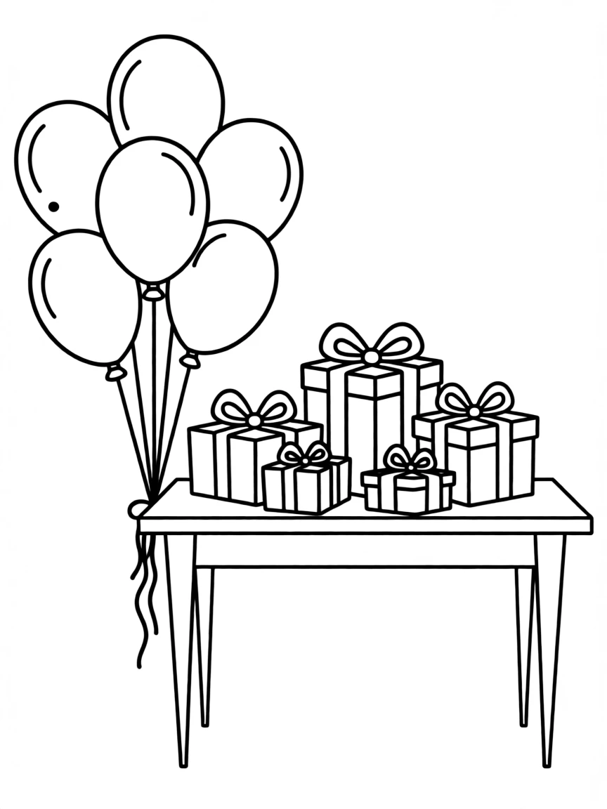 A table with wedding gifts and balloons