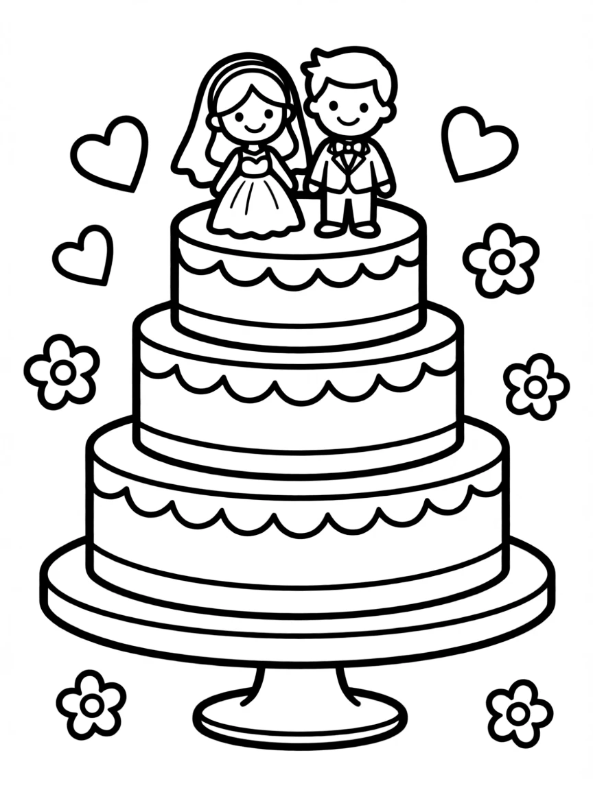 A tiered wedding cake with cute toppers