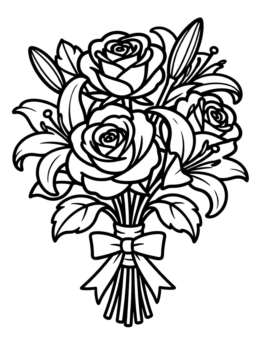 A wedding bouquet with roses and lilies