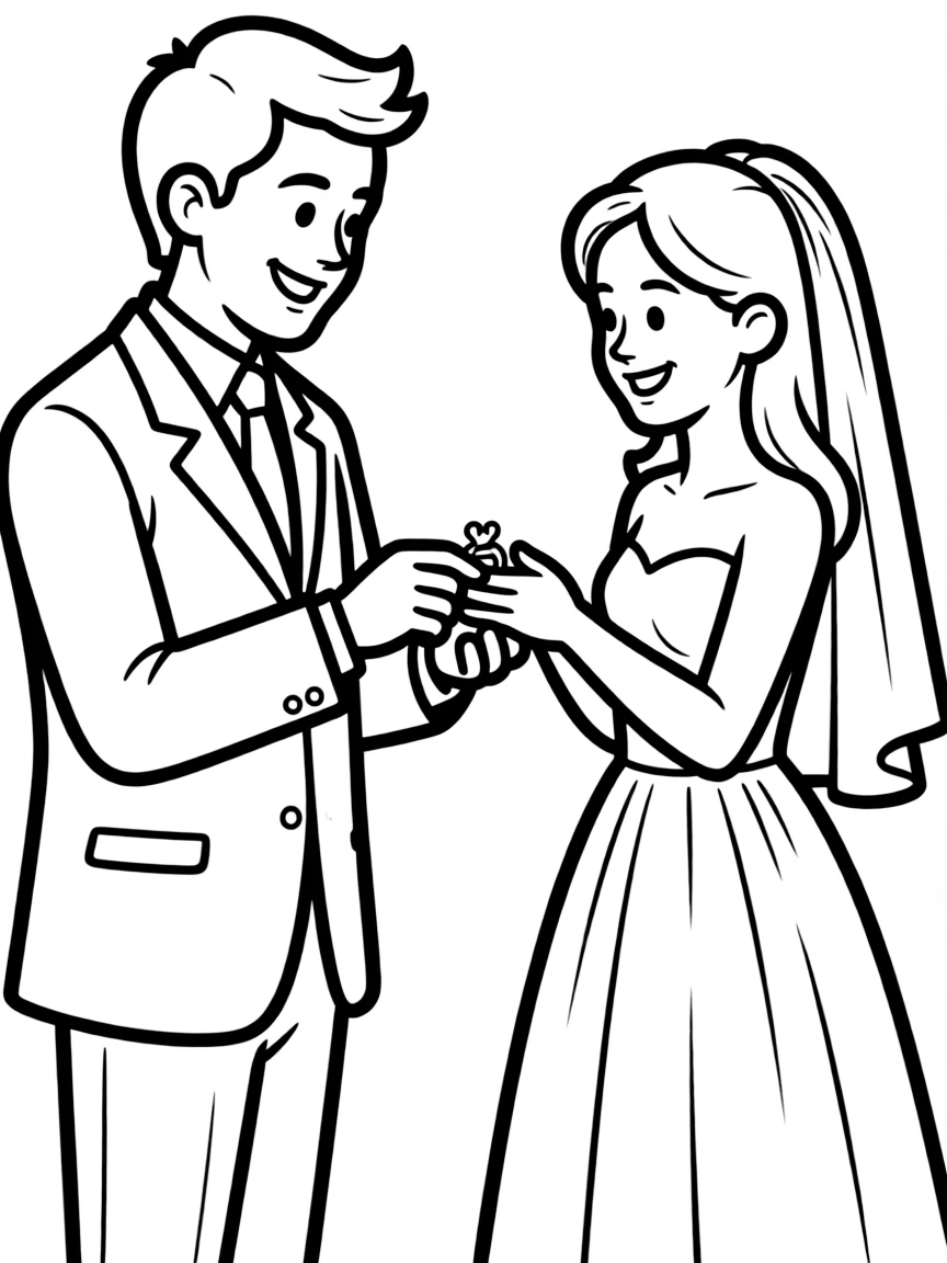 A groom placing a ring on the bride's finger