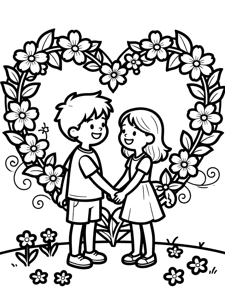 A couple holding hands under a heart-shaped arch