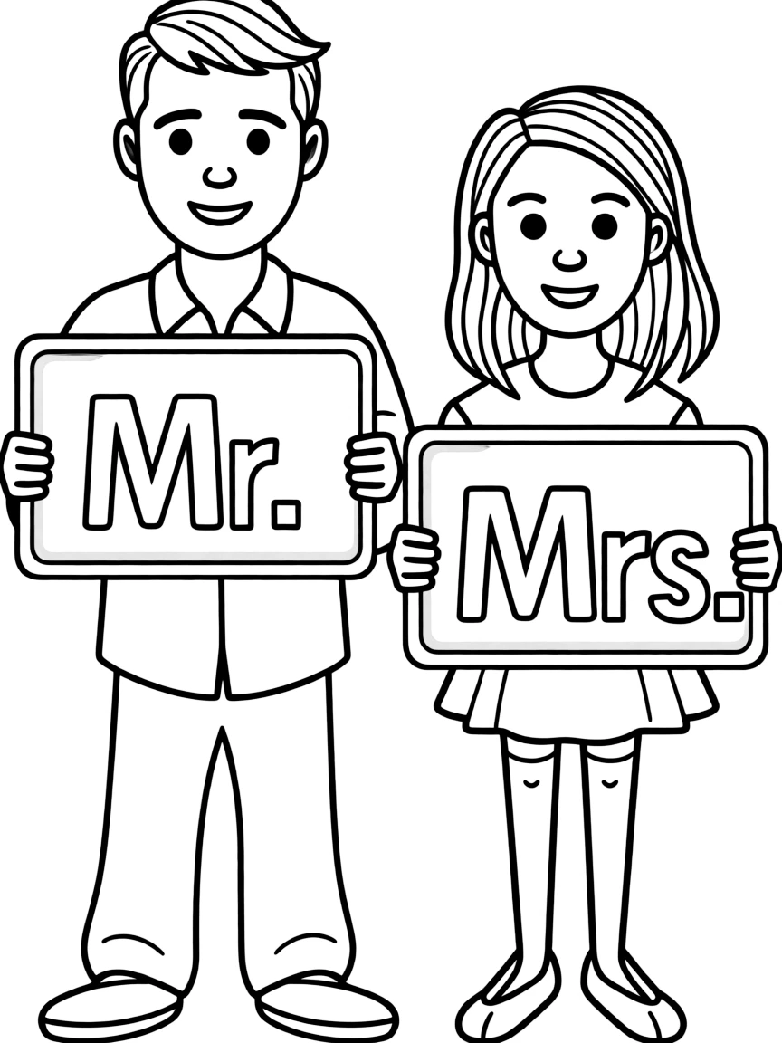 A couple holding "Mr." and "Mrs." signs