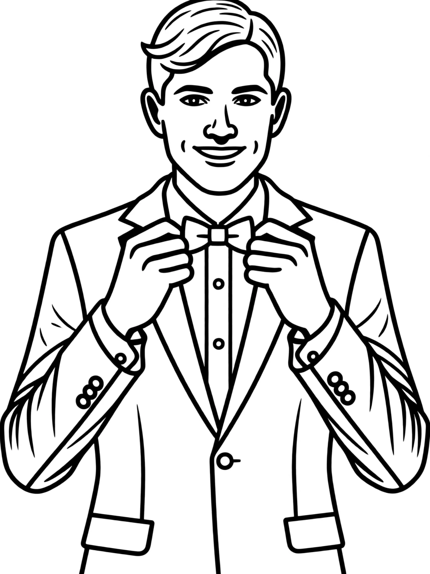 A groom adjusting his bow tie