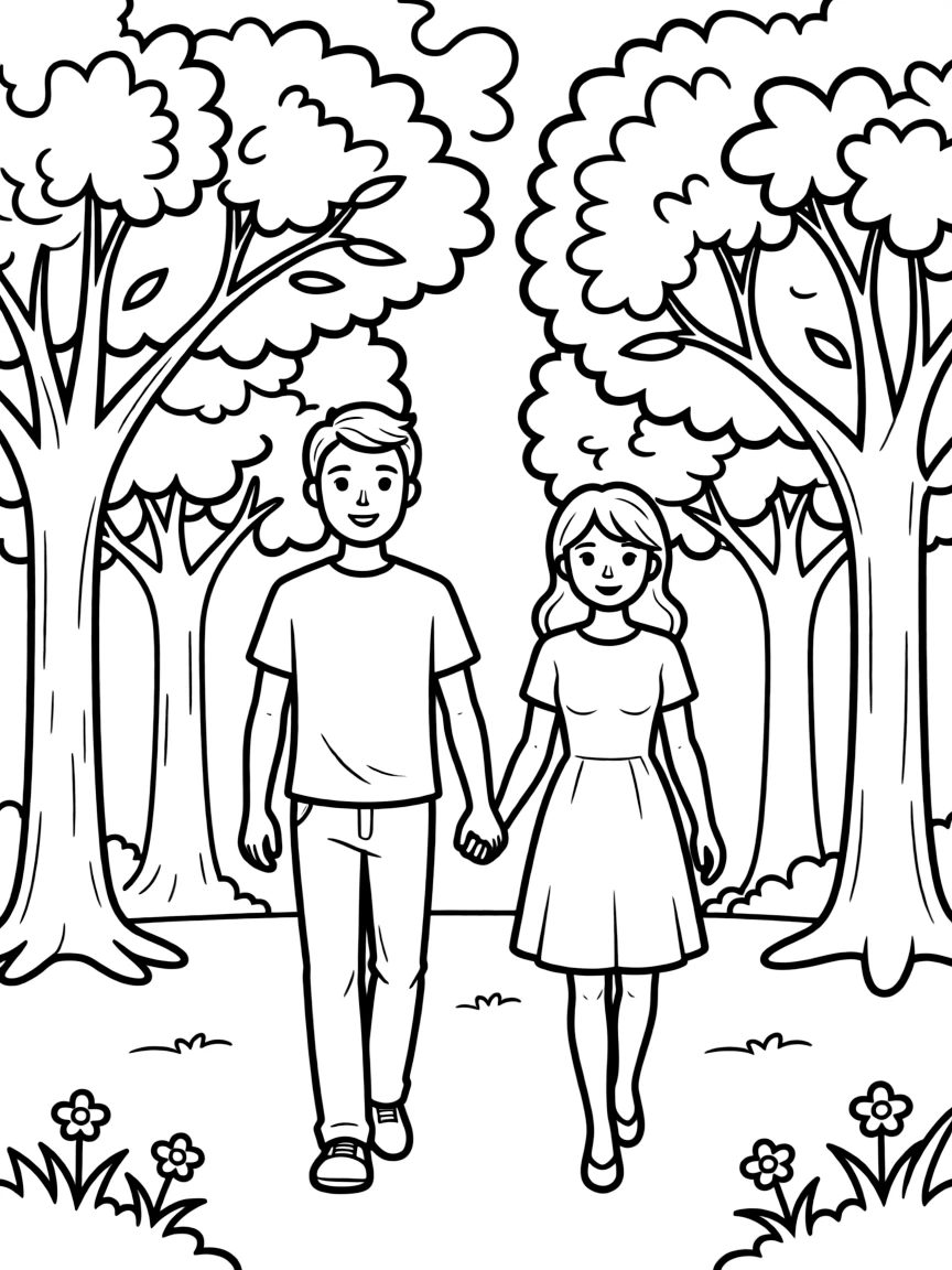 A couple walking hand in hand under trees