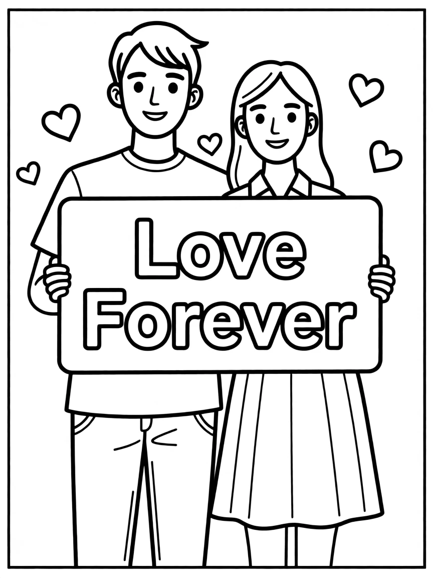 A couple holding "Love Forever" sign