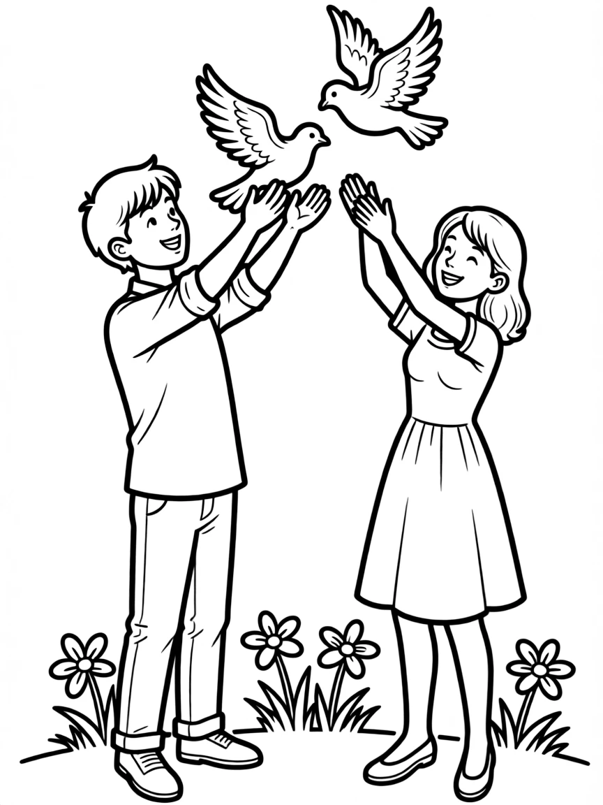 A couple releasing doves
