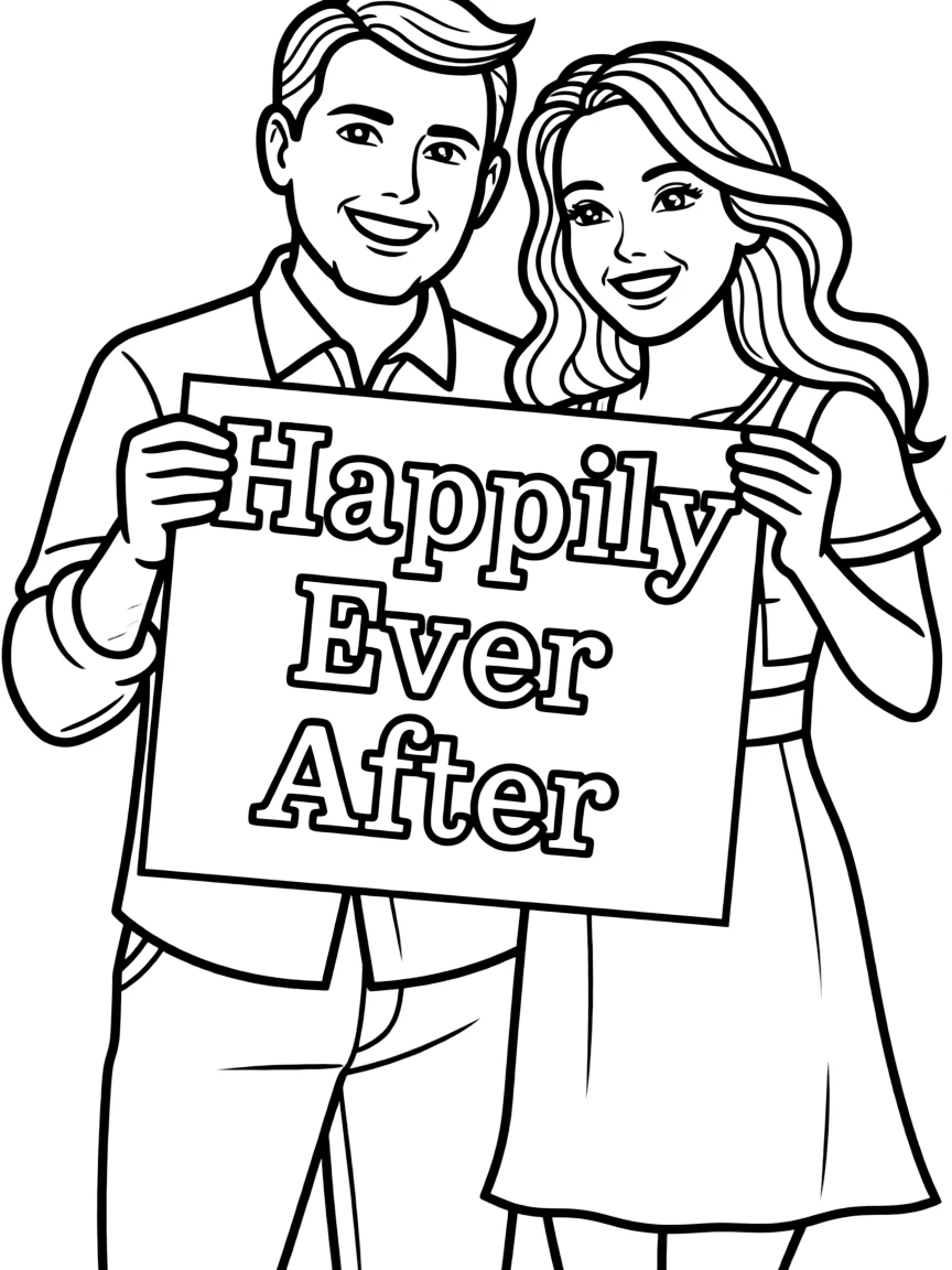 A couple holding a “Happily Ever After” sign