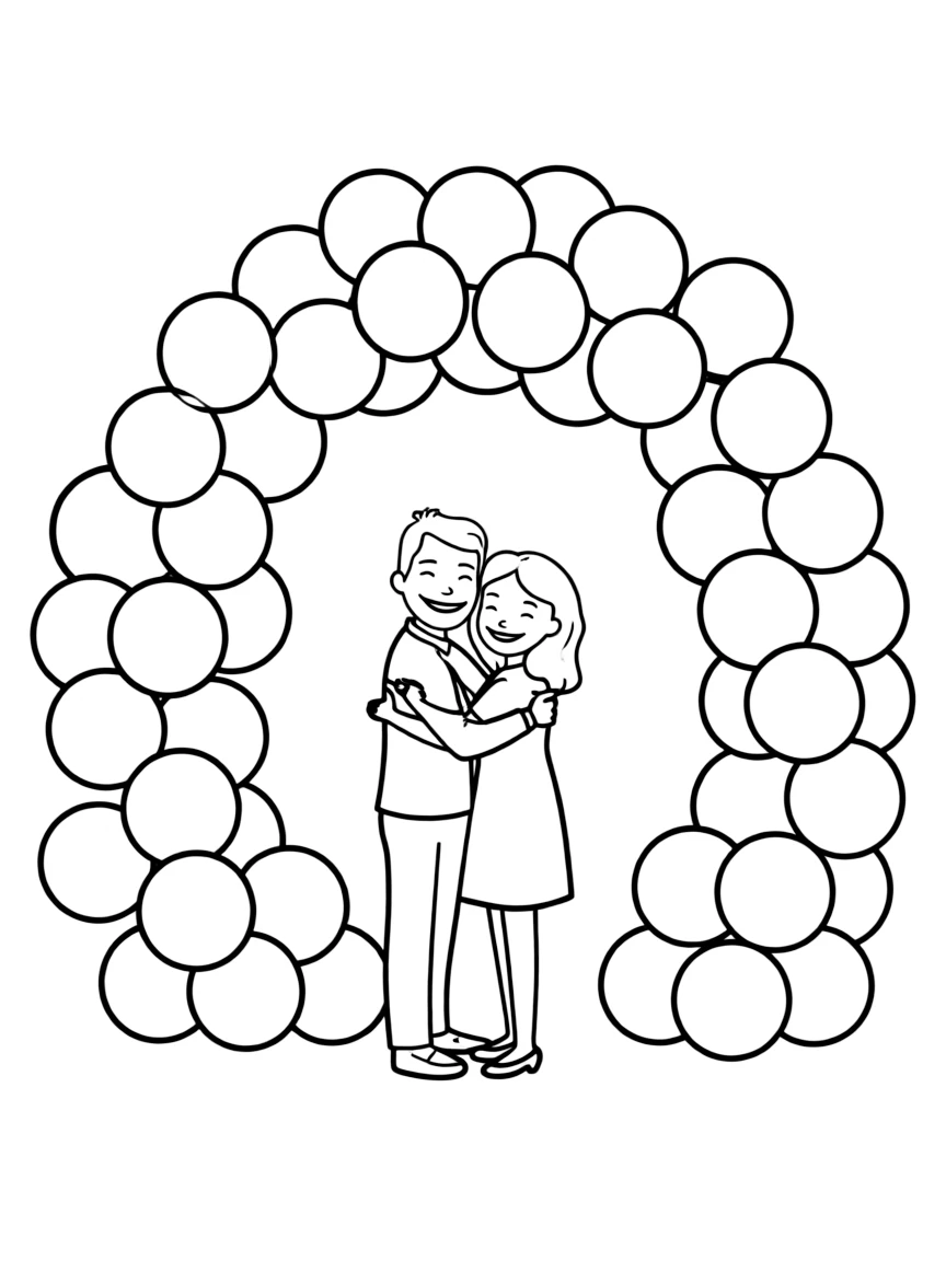 A couple hugging under a balloon arch