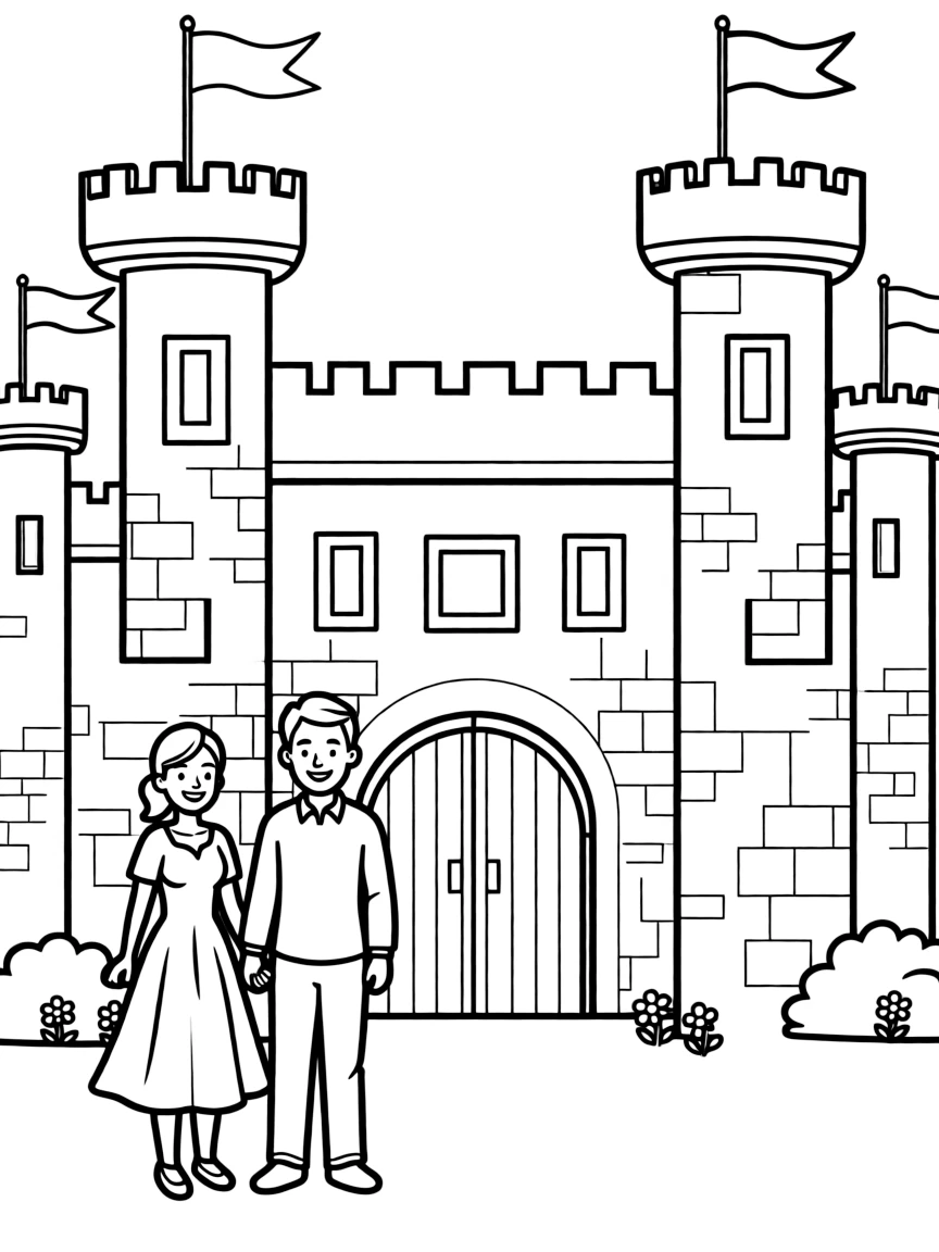 A couple in front of a castle