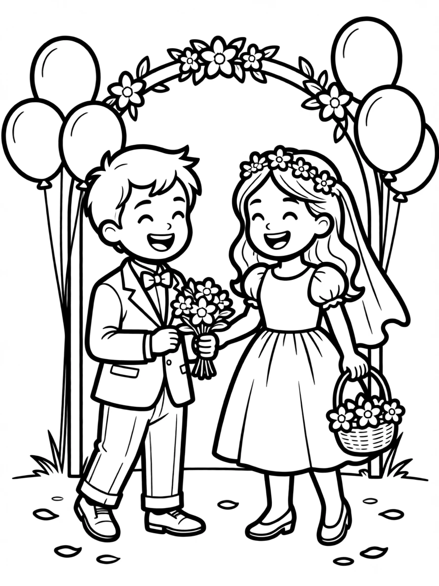 A little boy and girl playing wedding