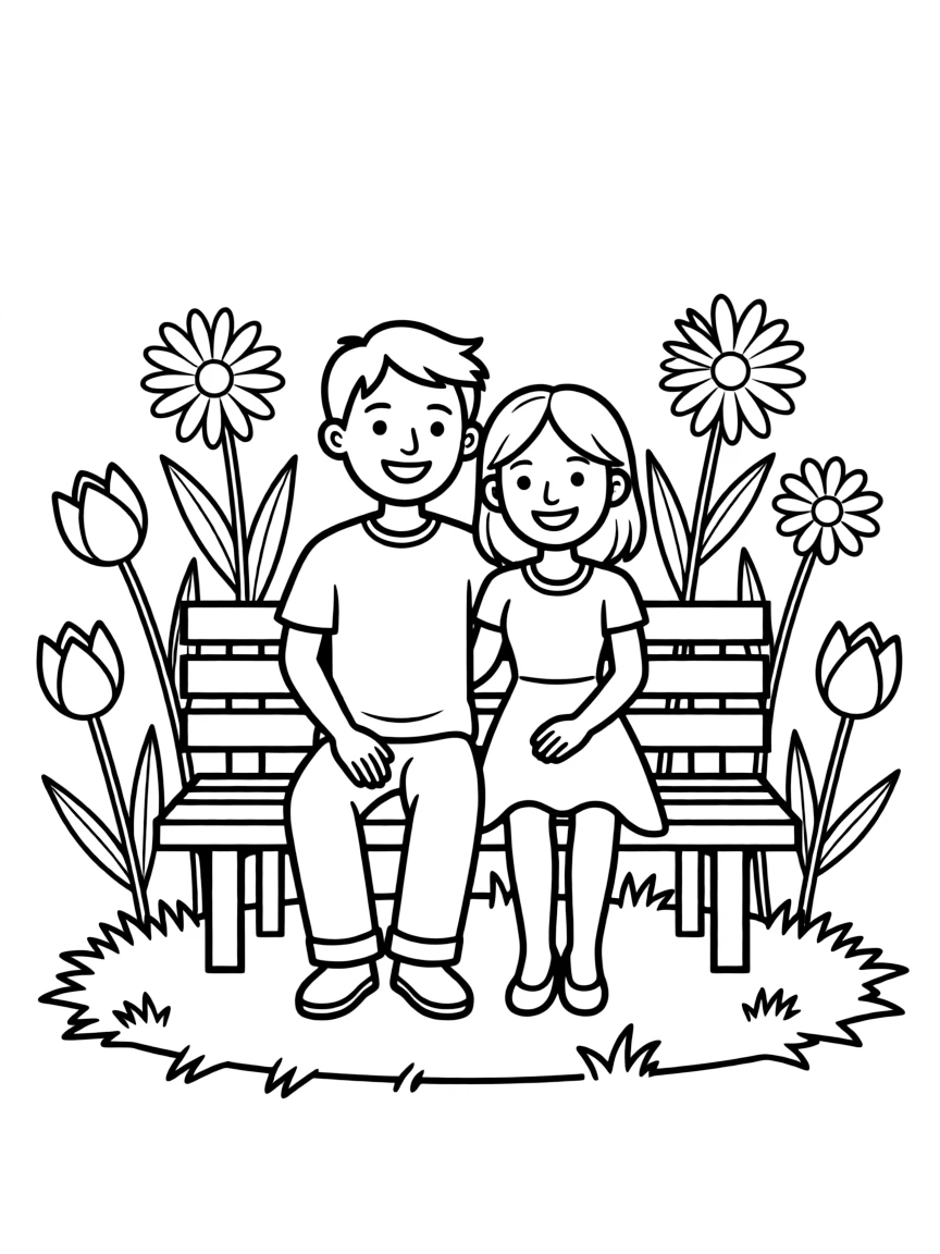 A couple sitting on a bench with flowers
